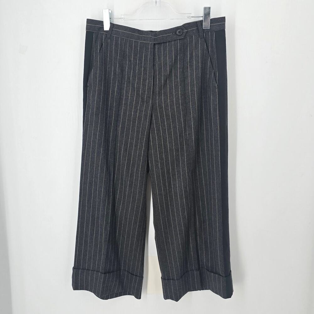 ME+EM Gray Pinstripe Wool Blend Cropped Wide Leg Cuffed Tuxedo Pants Size 10